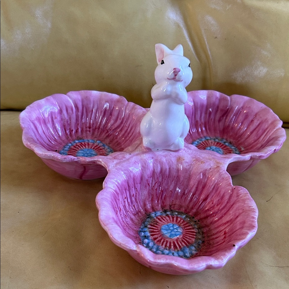 Pink Ceramic Bunny Triple Snack Dish - Decorative Serving Tray